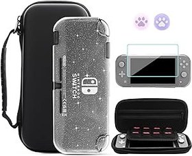 Resim GLDRAM Nintendo Switch Lite için Siyah Taşıma Çantası, 8 Oyun Kartı Yuvalı Taşınabilir Seyahat Çantası, 4'ü 1 Arada Aksesuar Kiti, Şeffaf Glitter TPU Koruyucu Kabuk, Ekran Koruyucu ve 2 Başparmak Izgara Kapağı ile 