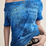 Resim Y2K-Inspired Kadın Hafif T-Shirt | Y2K Fontu ve Ejderha Motifi ile Cesur Cyberpunk Baskı | Asimetrik Omuz Tasarımı | Rayon ve Elastane Karışımı | Makine Yıkanabilir | Yaz Sokak Modası, T-Shirt için İdeal 
