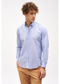 Resim Mavi Dynamic Fit Düğmeli Yaka Düz Uzun Kollu Cepsiz Pamuklu Gömlek-16290 Mavi 