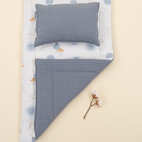 Resim Alt Açma Matı ve Yastık - Çift Taraflı - Açık İndigo Petek - Mavi Güneş 