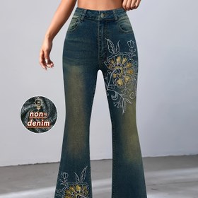 Resim Kadınlar için uzun kot pantolon, sentetik kot baskılı geniş pantolon. 