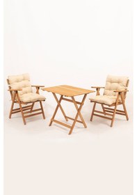 Resim Meya Dekor Minderli Loretta Masa Sandalye Seti 2+1 Ahşap Bahçe Balkon Teras Katlanır Set 60x80 Masa Ahşap 