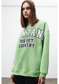Resim Grimelange Ramona Kadın Oversize Yumuşacık İçi Polarlı Organik Pamuklu Baskılı Yuvarlak Yakalı Yeşil Sweatshirt Yeşil 