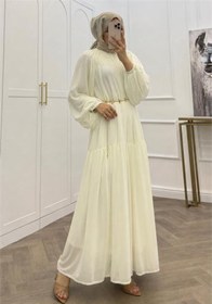 Resim Neşeli Butik kadın beyaz balon kol astarlı kuşak detaylı şifon tesettür elbise ---- NMS095 
