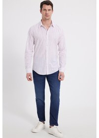 Resim Tudors Erkek Slim Fit Dar Kesim Uzun Kollu %100 Pamuk Keten Doku Çizgili Gömlek-42650 Beyaz 