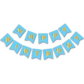 Resim Happy Bırthday Yazı Mavi/ Gold Banner Tüm Yaşlar 