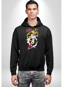 Resim Sailor Moon Anime Usagi Tsukino Kadın Erkek Siyah Kapüşonlu Sweatshirt Hoodie Siyah 