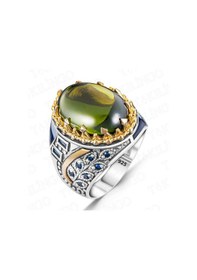 Resim Takılingo 925 Ayar Gümüş Yeşil Olivin Peridot Taşlı Zirkon Taş Detaylı Erkek Yüzük Gümüş 