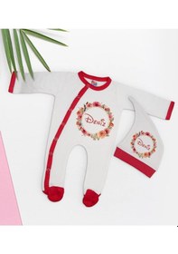 Resim Bk Kids Kişiye Özel Çiçek Tasarımlı Kırmızı Tulum Zıbın Ve Kukule Çok Renkli 