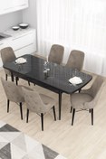 Resim Canisa Taç Serisi Açılabilir Mutfak Masası Takımı 80x132 Siyah Mermer Desen Masa 6 Cappucino Sandalye 
