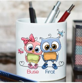 Resim Aşık Baykuşlar Isimli Kalemlik - Sevgililer Günü Hediyesi 