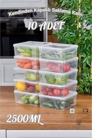 Resim Arel - 10'lu Set Saklama Kabı, 10 Adet 2500ml Kare Şeffaf Kendinden Kapaklı Saklama Kabı, BPA İçermez, Buzdolabı, Dondurucu ve Dolap Organizeri 