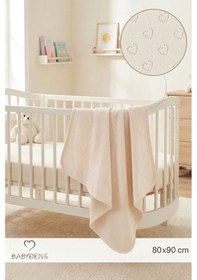 Resim Babyden's Kalp Desenli Jakarlı %100 Pamuklu - Nefes Alabilen - Yumuşak Bebek Battaniye Ekru 