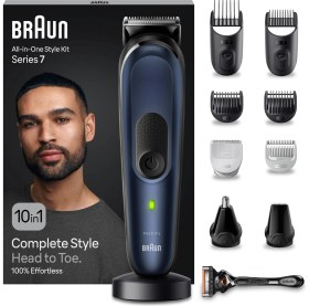 Resim Braun Hepsi Bir Arada Giyotin Seti 7, 10'u 1 Arada Çoklu Bakım, Sakal Kesme Makinesi, Burun Kılı Kesme Makinesi, Yüz, Baş ve Vücut Için Saç Kesme Makinesi, 100 Dak. Pil, (3-21 Mm), MGK7421, Mavi 