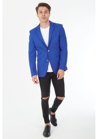 Resim Sposo G-154 Dar Kalıp Örme Kumaş Saks Mavi Erkek Blazer Ceket Saks Mavi 