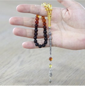 Resim Tesbihname Damla Kehribar Tesbih - 925 Ayar Gümüş Kral Zincirli - Süzme Sarı Kırmızı Renk - Küre Kesim Çok Renkli 