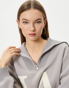 Resim Şardonlu Oversize Kolej Sweatshirt Yarım Fermuarlı İşlemeli Ribanalı 