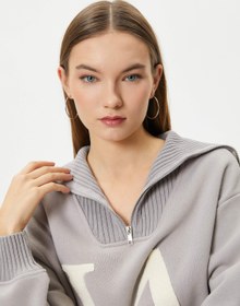 Resim Şardonlu Oversize Kolej Sweatshirt Yarım Fermuarlı İşlemeli Ribanalı 