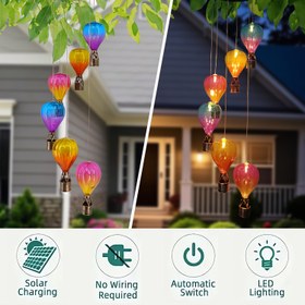 Resim 1 adet güneş enerjili sıcak hava balonu rüzgar çanı ışığı - Bahçeler, avlular, partiler ve festivaller için renkli demir dış mekan dekorasyonu 