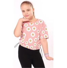 Resim Toontoy Kids Toontoy Kız Çocuk Baskılı Bisiklet Yaka Kısa Kollu Tişört - Beli Ayarlanabilir Mercan 