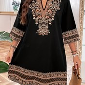 Resim Plus Beden Şık Avrupa Elbisesi, V-Yaka Kadın Moda Baskılı Elbise, Polyester, Makinede Yıkanabilir, İlkbahar Yaz Sonbahar İçin Mükemmel 