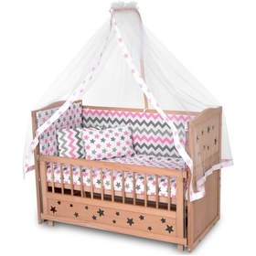 Resim Ahşap Beşik Anne Yanı Beşik Organik Boyasız 60x120 - Pembe Yıldız Çift Yastıklı Uyku Seti Yatak Ahşap 