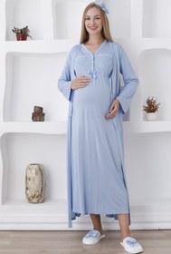 Resim Uzun Kollu Hamile Gecelik ve Sabahlık Takımı / Göğsü Dantelli ve Düğmeli - 2282 - Somon / M / Terlik ve Taç Seti İstemiyorum 