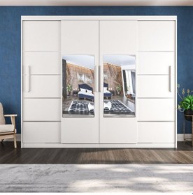 Resim Sürgülü Gardırop Dört Kapaklı Aynalı Beyaz Dolap 360 230 Cm 