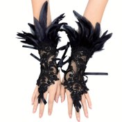 Resim Boho Gothic Sahte Tüy Eldivenleri Monokrom Dantel Sequin Dantel-up Hook Eldivenler Halloween Partisi Kostümü Bilek Kapağı 