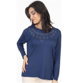 Resim Yeni Model Taş İşlemeli Yuvarlak Yaka Likralı Anne Penye Bluz 6420-indigo İndigo 