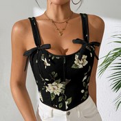 Resim Kadınlar İçin Vintage Fransız Çiçek Desenli Camisole Üst - Siyah & Yeşil Çiçek Desenli, Ayarlanabilir Bağcıklı, Esnek Olmayan, Resmi ve Günlük Kıyafetler - Şık Retro Gömlek, Parti Kıyafeti, Omuz Açık Tasarım 