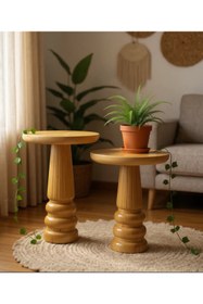 Resim ASELYA HOME Doğal Ahşap 2’li Set Mantar Yan Sehpa Modern Vernikli Fiskos Zigon Çiçeklik 