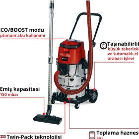 Resim Einhell Akülü Islak/Kuru Süpürge TE-VC 36/30 Li S-Solo Power X-Change (36V, ECO/BOOST modu, 30 L paslanmaz çelik hazne, üfleme bağlantısı, 2,5 m dayanıklı hortum dahil, akü dahil değildir) - 2347140 