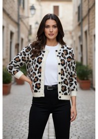 Resim Kadın Ekru Leopar Desenli Bisiklet Yaka Triko Hırka 
