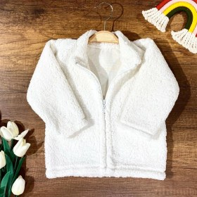 Resim Renkli Puset Bebek Hırka Ekru Peluş Polar Kısa Kol Dik Yaka Düz Desenli Konforlu Tasarım 