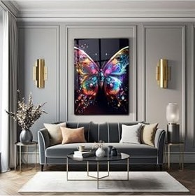 Resim Cam Tablo Neon Renkli Kelebek - Ev Dekorasyonu - Ofis Dekorasyonu - Illüstrasyon - Sanatsal - Dikey renkli 30 x 45 