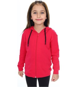 Resim Toontoy Kız Çocuk Kapüşonlu Fermuarlı Cepli Düşük Omuz Nakış Baskılı Örme Hırka - 2 İplik Koyu Fuşya 