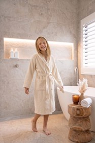 Resim CottonVerse Genç & Çocuk Kapşonlu Bornoz - %100 Pamuk, Unisex Ekru - Ekru / 7-8 Yaş 