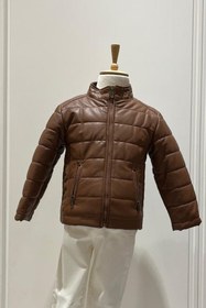 Resim Erkek Çocuk Fermuar Cepli Dik Yaka İçi Peluşlu Şişme Suni Deri Ceket - Taba - 12 Yaş 