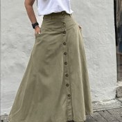 Resim Kadınlar İçin Şık Yüksek Bel A Kesim Etek - Bej/Nötr Renk, Düğmeli Ön Kapatma, Her Mevsime Uygun Resmi ve Günlük Kıyafetler - Ofis, Parti, Gündelik Şık - Kadın Modası Eteği, Sevimli Etekler, Parti Kıyafeti, Dayanıklı Kumaş, Kaliteli Dikiş, Çalışan Kadınlar 