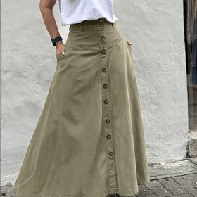 Resim Kadınlar İçin Şık Yüksek Bel A Kesim Etek - Bej/Nötr Renk, Düğmeli Ön Kapatma, Her Mevsime Uygun Resmi ve Günlük Kıyafetler - Ofis, Parti, Gündelik Şık - Kadın Modası Eteği, Sevimli Etekler, Parti Kıyafeti, Dayanıklı Kumaş, Kaliteli Dikiş, Çalışan Kadınlar 