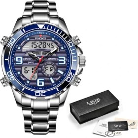 Resim Hanyang Mavi Lıge Marka Foxbox Erkek Saat Lüks Iş Dijital Çift Ekran Quart Izle Erkekler Için Su Geçirmez Aydınlık Kronograf Kol Saati 