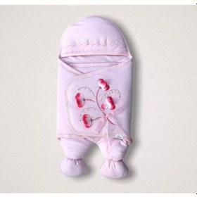 Resim Yenidoğan Yapay Çiçek İşlemeli Şapkalı Lüks Kız Bebek Ayaklı Kundak Bebek Battaniyesi Pembe Pembe 
