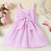 Resim Çekici Pembe & Beyaz Çizgili Kız Elbisesi Kabarcık Fiyonk Detaylı - Günlük Polyester, Esnemez, Makinede Yıkanabilir - İlkbahar/Yaz İçin Mükemmel, Kız Elbiseleri 