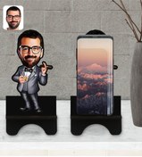 Resim Bk Gift Kişiye Özel Erkek Patron Karikatürlü Ahşap Biblo Telefon Standı-3 
