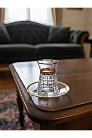 Resim İrem El Kesmesi Dekorlu 12 Parça 6 Kişilik Çay Takımı - Lüks Kristal Görünümlü Cam Set Şeffaf 