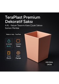 Resim Teraplast Premium Dekoratif Saksı 4.4l - İtalyan Tasarımı Kare Çiçek Saksısı Somon Pembe 4.4 L 