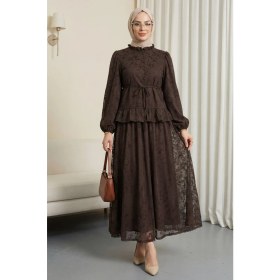 Resim Moda Morfo Yakası Fırfırlı Flok Baskı Astarlı Etekli Takım -Kahve 
