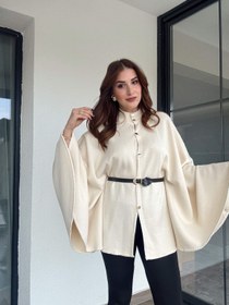 Resim Kemerli düğmeli panço-LATTE - STD 