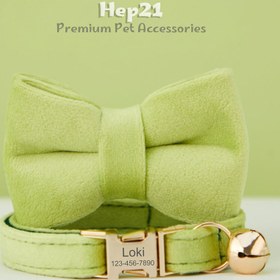 Resim Cat collar with bow tie Velvet cat collar with bell 649724 - Avocado Leash + Bow Tie / L 